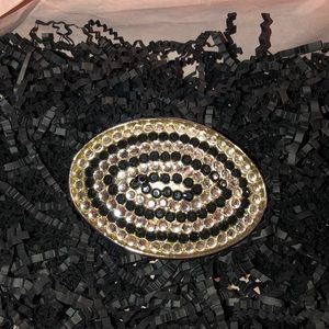 Black & Silver VINTAGE Oval Metal Rhinestone Belt Buckle